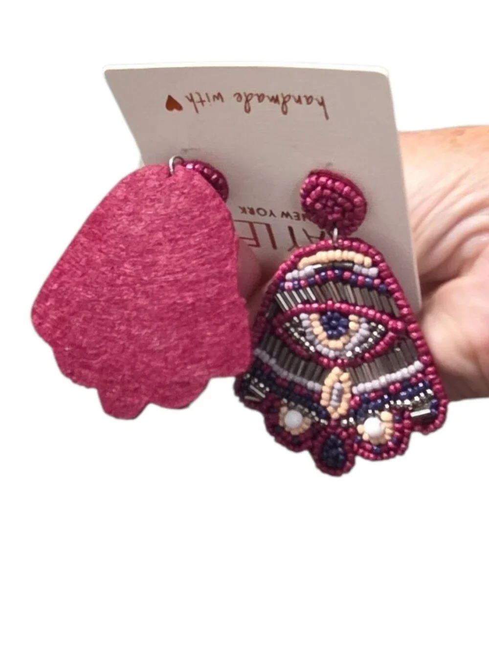Kaylee New York Pink Beaded Statement Earrings Eye Motif Handmade Boho